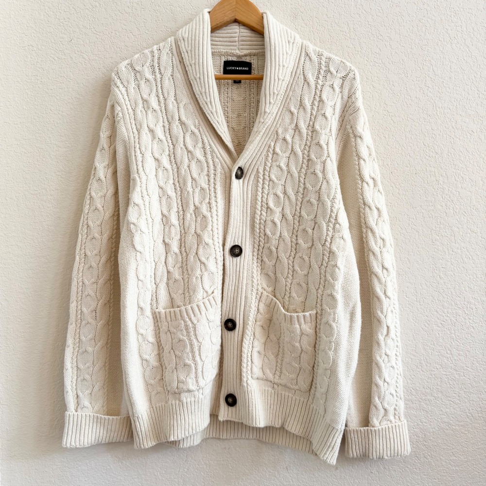 Lucky Brand Mens Cable Knit Shawl Collar Cotton Wool Blend Cardigan Sweater Sz M